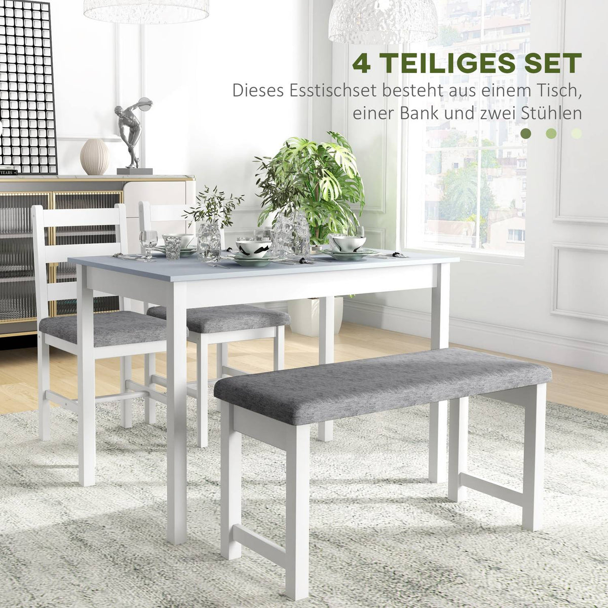 Dining Set, Dining Table With 2 Padded Chairs, Bench, 4-Piece Dining Table Set, Dining Room Group With Linen Look, Pine Wood, Grey, White