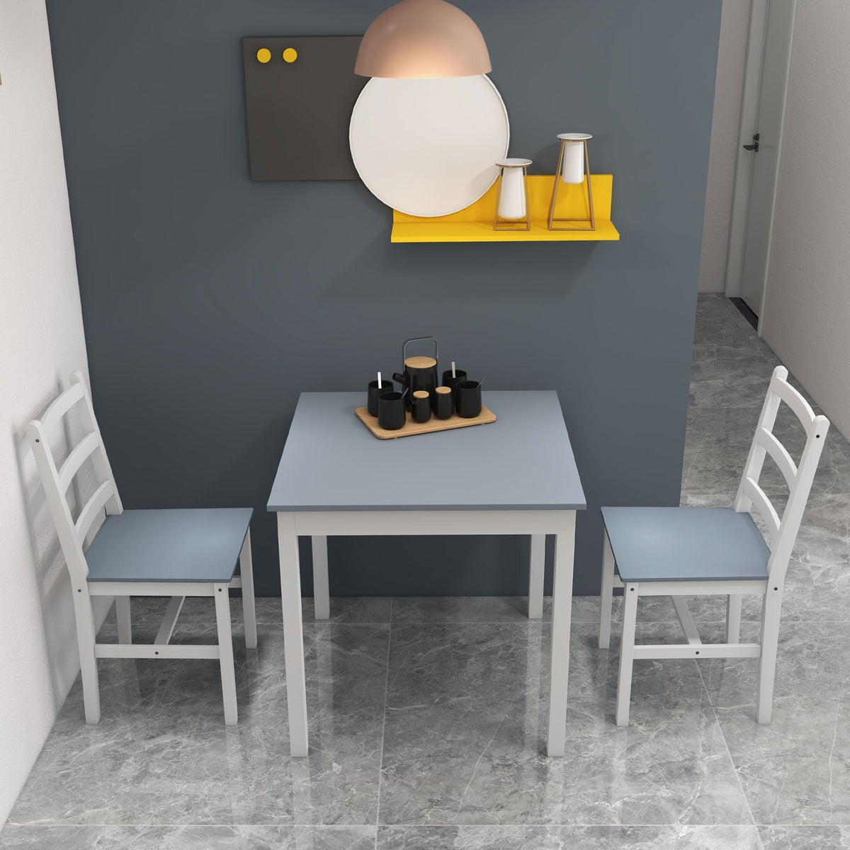 Dining Set Of 3 Compact Kitchen Table Set For 2, Grey+White, Pine Wood, Ideal For Kitchen & Living Room