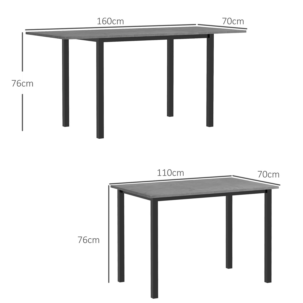 Dining Table Extendable Kitchen Table Dining Room Table For 6 People, Living Room Table For Dining Room, Kitchen, Steel, Dark Gray, 110-160 X 70 X 76 Cm