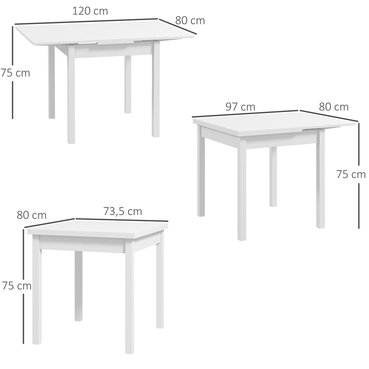 Dining Table, Folding Table, Dining Room Table For 2-4 People, Expandable Kitchen Table, Wooden Table For Dining Room, Kitchen, White, 73.5-120 X 80 X 75 Cm
