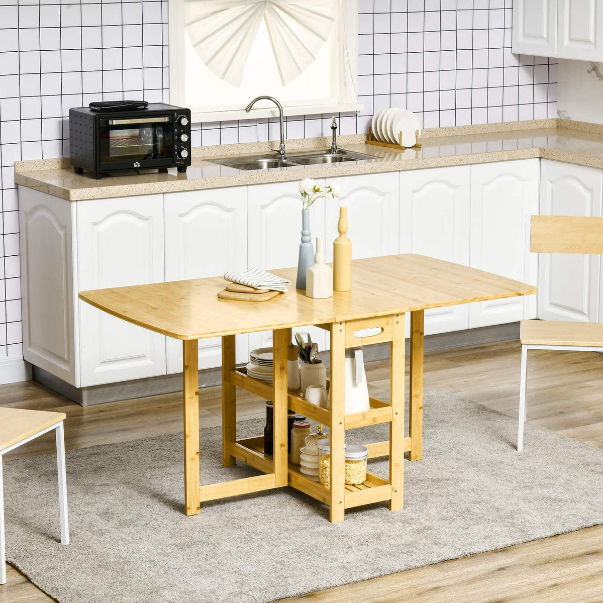 Dining Table Folding Table Dining Room Table Kitchen Table With Storage Compartments And Adjustable Feet Country House Style Bamboo Natural Wood 149.5 X 80 X 73.5 Cm