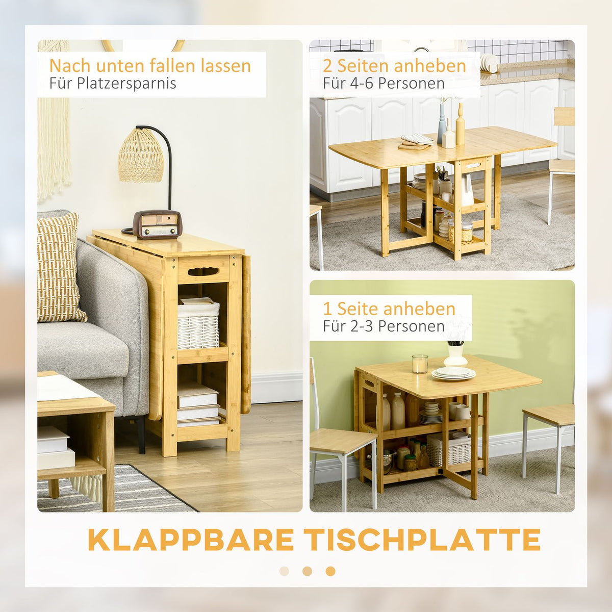 Dining Table Folding Table Dining Room Table Kitchen Table With Storage Compartments And Adjustable Feet Country House Style Bamboo Natural Wood 149.5 X 80 X 73.5 Cm