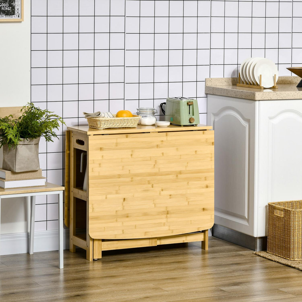Dining Table Folding Table Dining Room Table Kitchen Table With Storage Compartments And Adjustable Feet Country House Style Bamboo Natural Wood 149.5 X 80 X 73.5 Cm