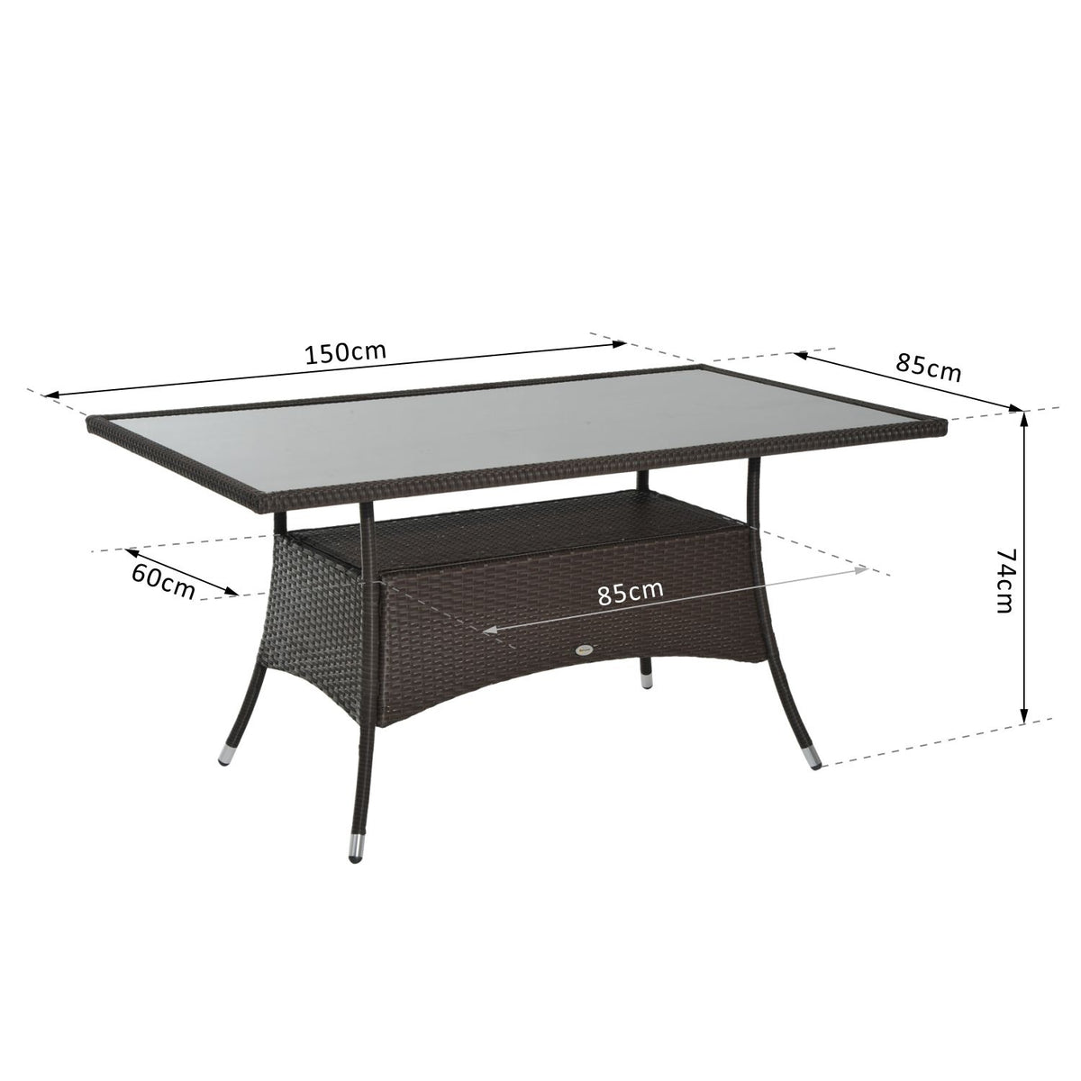 Dining Table Garden Table Glass Table Polyrattan + Safety Glass Brown + Black 150X85X74Cm
