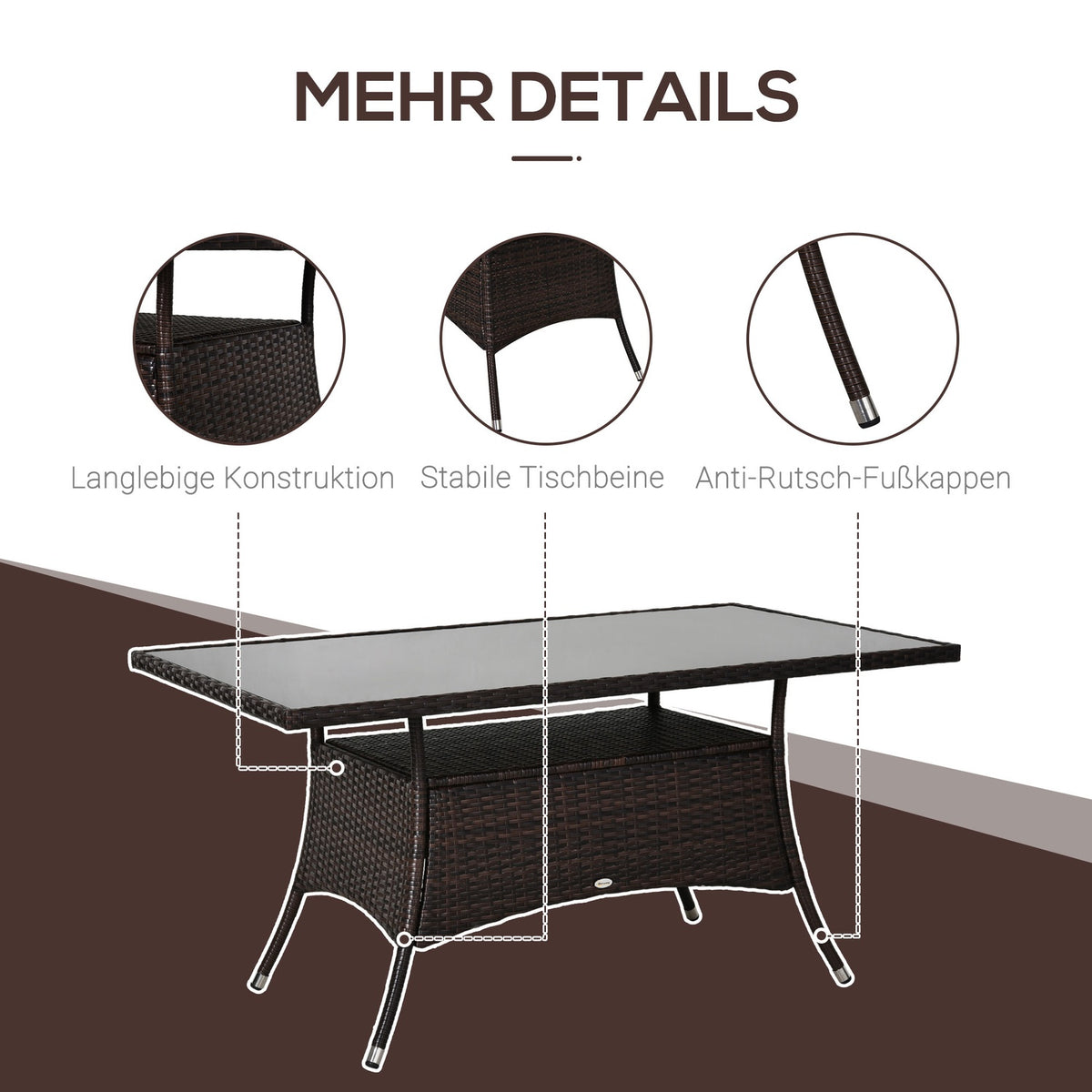 Dining Table Garden Table Glass Table Polyrattan + Safety Glass Brown + Black 150X85X74Cm