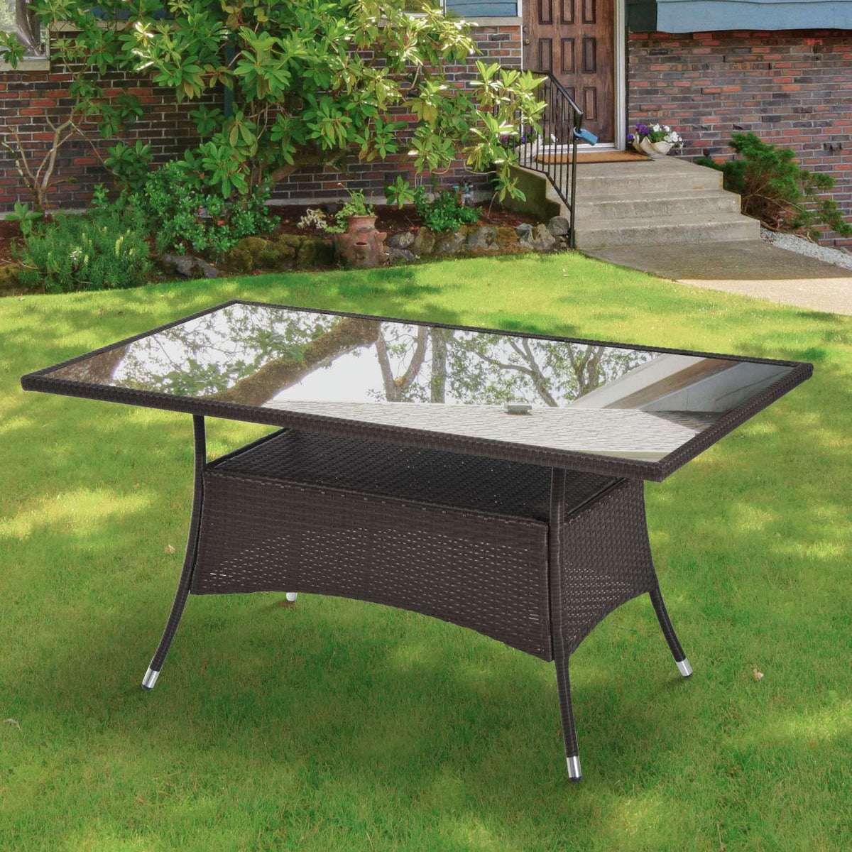 Dining Table Garden Table Glass Table Polyrattan + Safety Glass Brown + Black 150X85X74Cm