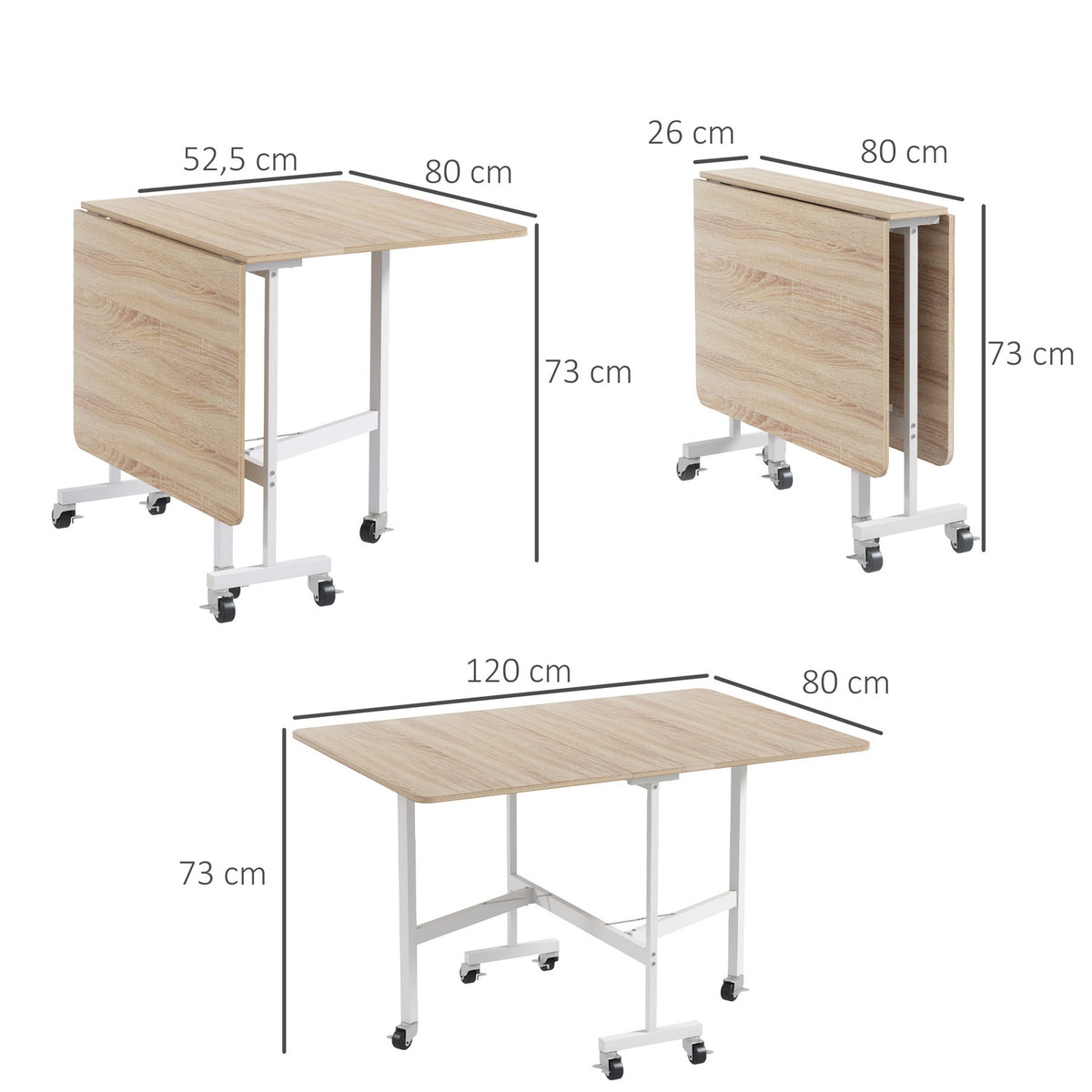 Dining Table, Kitchen Table With Wheels, Folding Table With Steel Frame, Expandable Dining Room Table For 4-6 People, For Kitchen, Dining Room, Oak