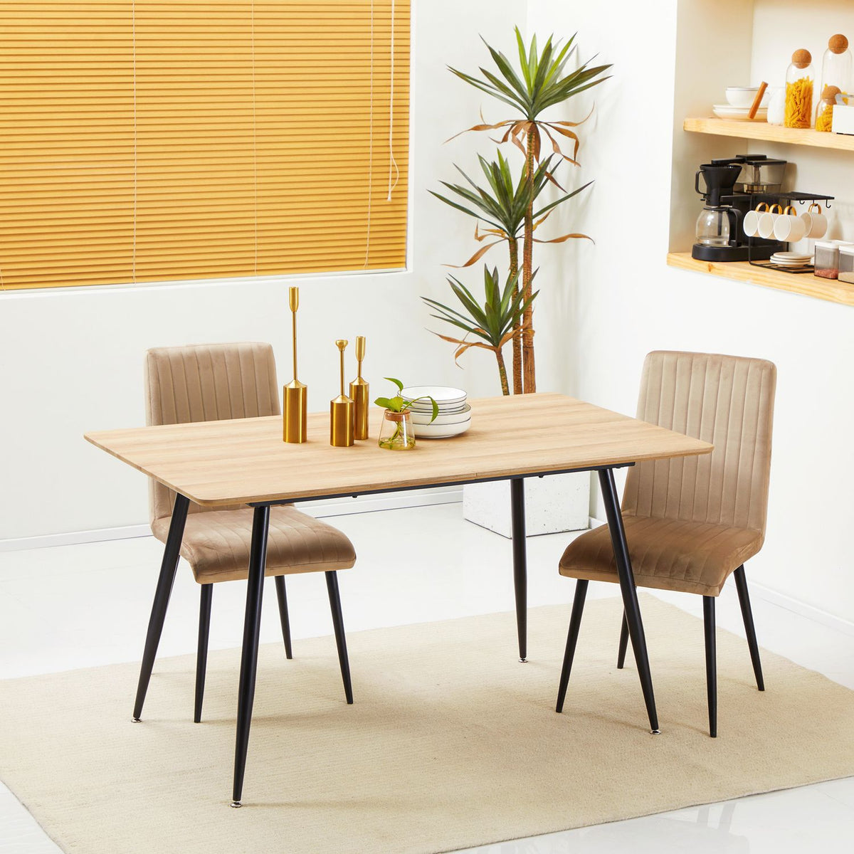 Dining Table Modern Kitchen Table For 4 People, Dining Room Table In Black With Wood Look, Steel Legs, 140X80X76Cm, Natural