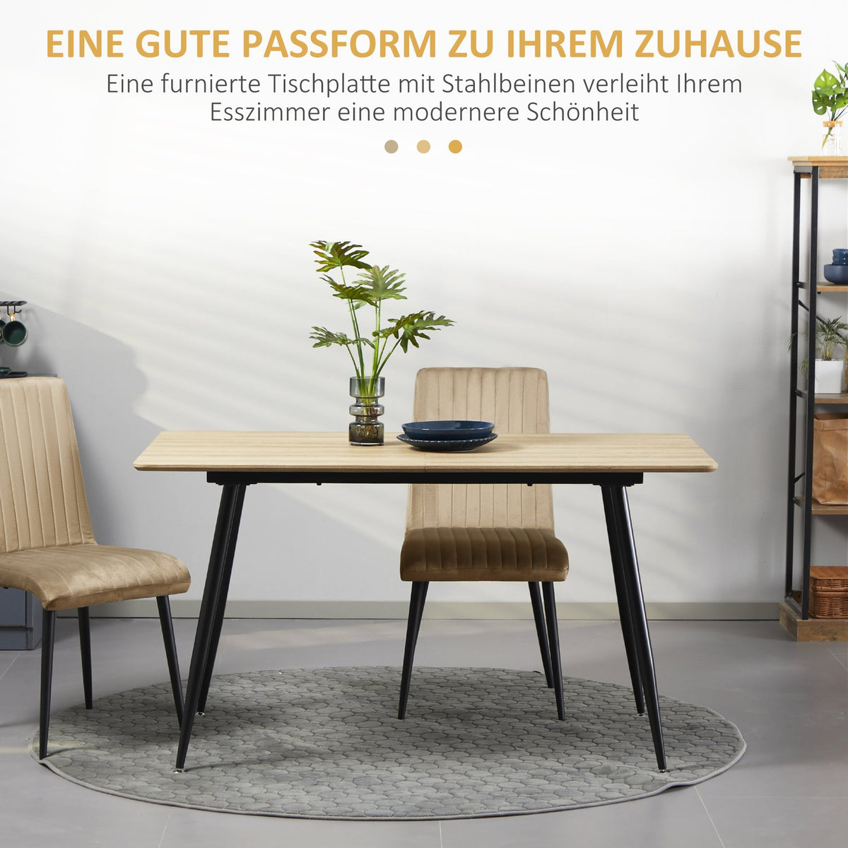 Dining Table Modern Kitchen Table For 4 People, Dining Room Table In Black With Wood Look, Steel Legs, 140X80X76Cm, Natural