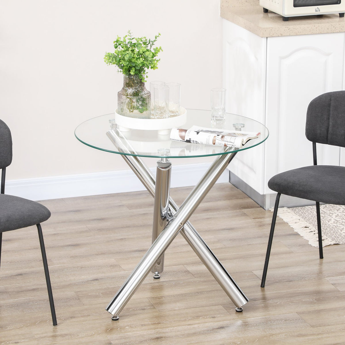 Dining Table, Round Dining Room Table, Kitchen Table For 4 People, Living Room Table With Glass Table Top, Steel, Ø80 X 74 Cm, Transparent