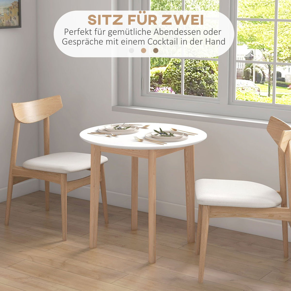 Dining Table, Round Kitchen Table For 2 People, Dining Room Table With Country House Style, For Living Room, Solid Wood, Ø75 X 76 Cm, White