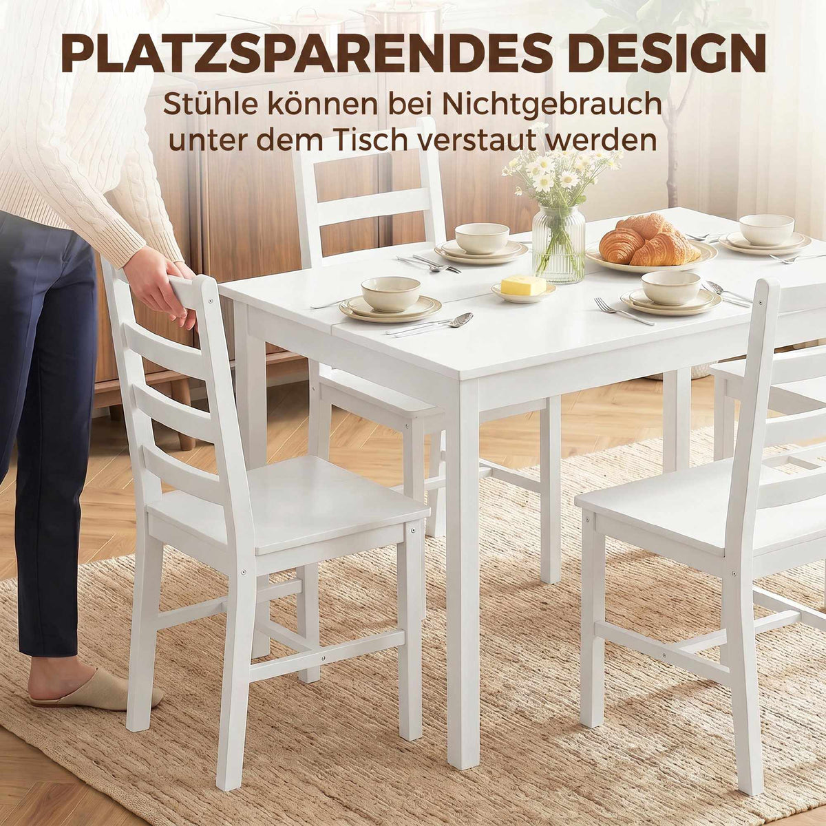Dining Table Set, 5-Piece Solid Pine, White, Seats 4