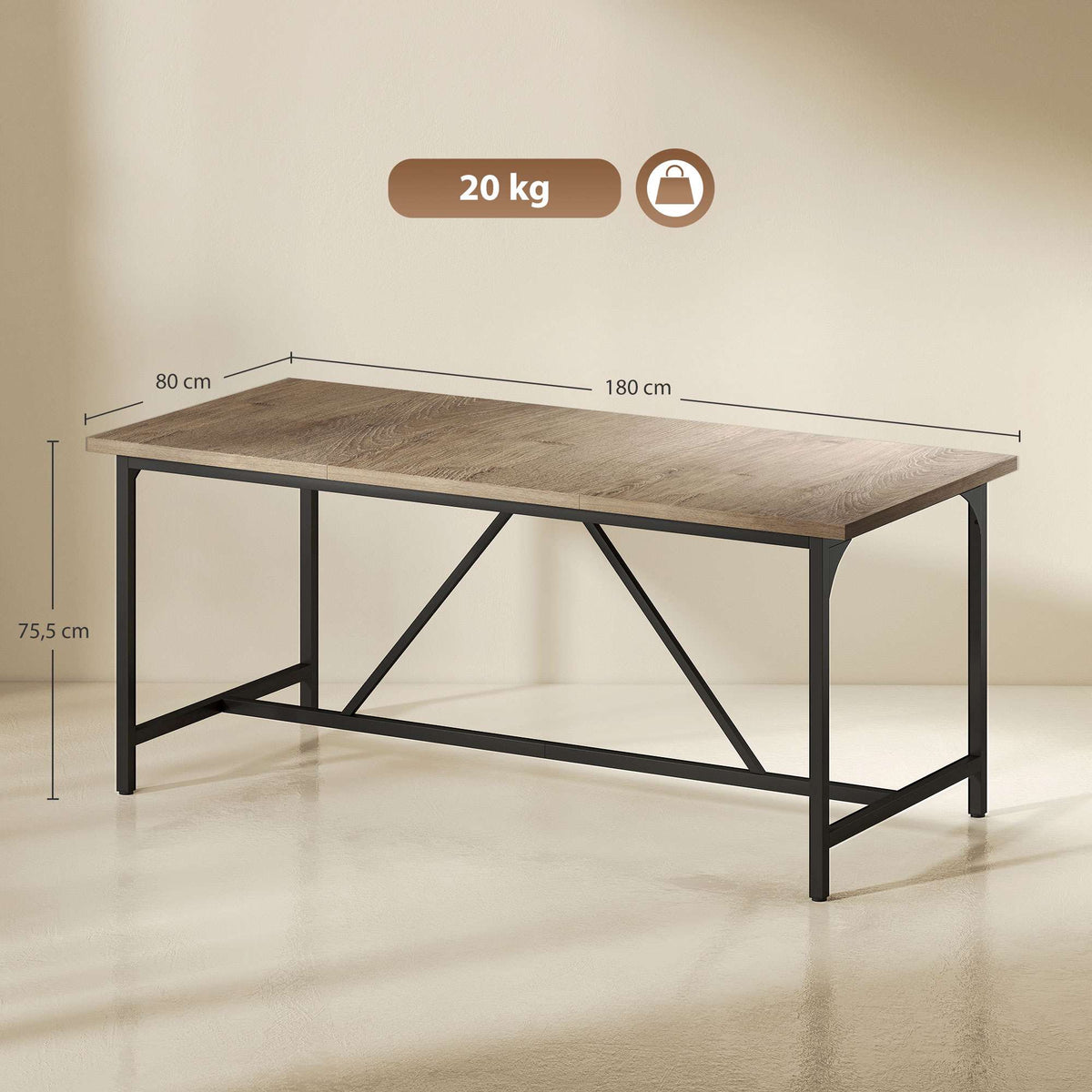 Dining Table for 6-8, Wood Look, 180 x 80 x 75.5 cm