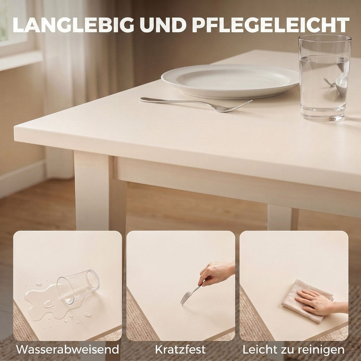 Dining Table for 8, Modern Design, Solid Wood Legs, Cream