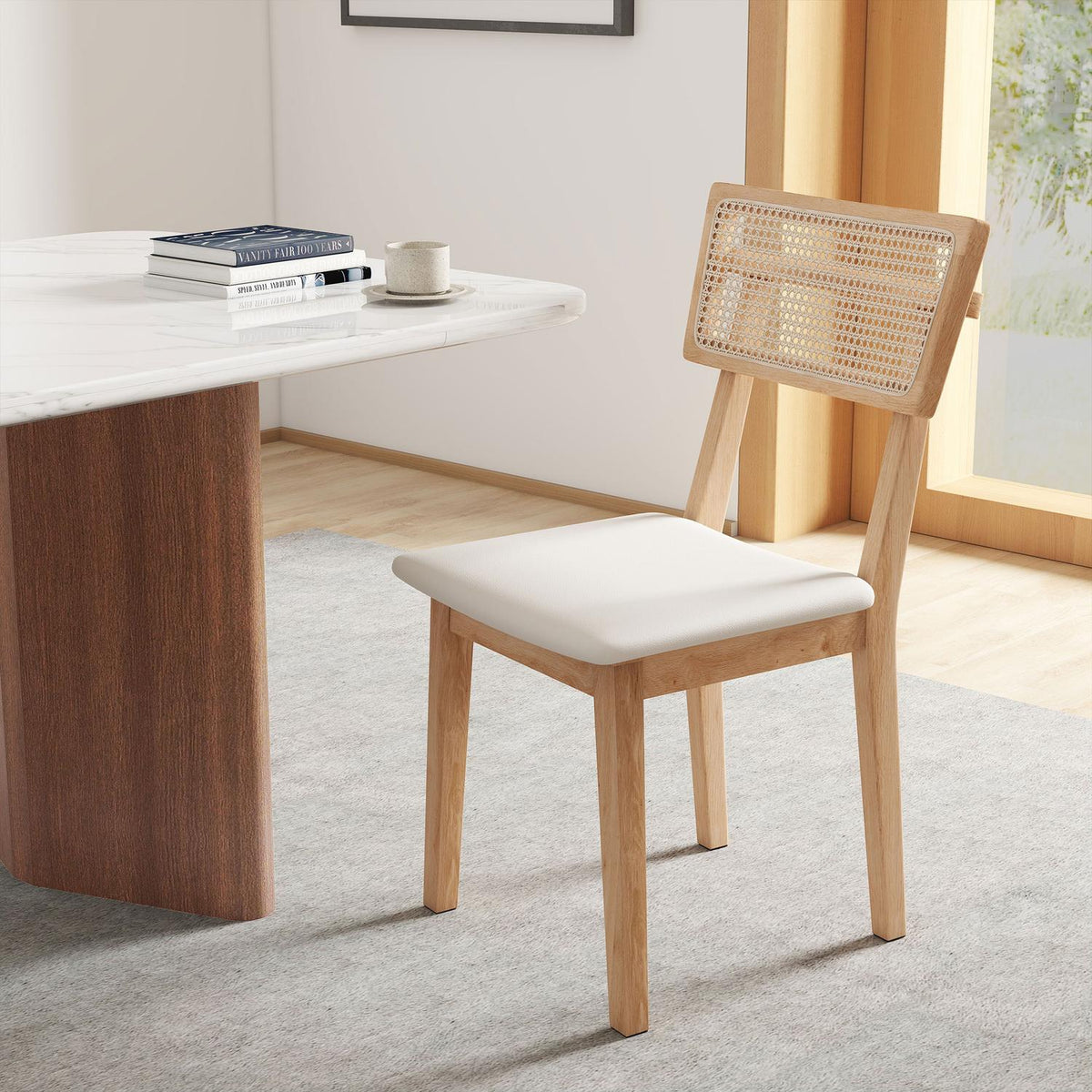 Dining chair, rattan backrest, imitation leather seat, rubber wood, natural wood