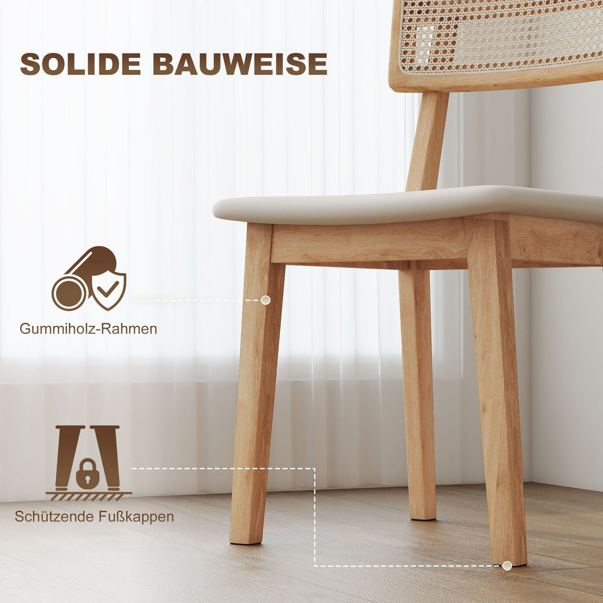 Dining chair, rattan backrest, imitation leather seat, rubber wood, natural wood