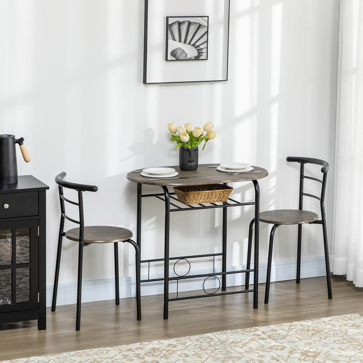 Dining group, dining table with 2 chairs, oval kitchen table with storage compartment, kitchen table set, table group for kitchen, metal, black