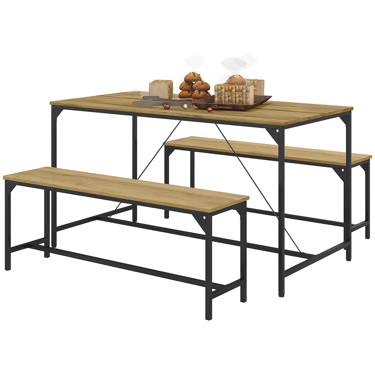 Dining group set of 3, kitchen table set, dining table with 2 benches for 4 people, table group, dining room group, for kitchen, living room, natural