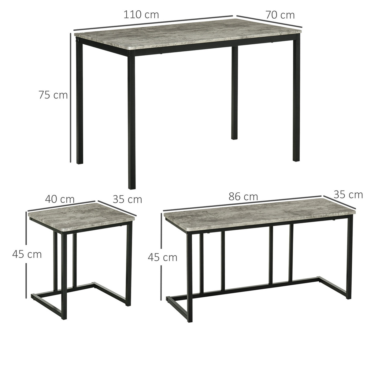 Dining group set of 4, kitchen table set, dining table with 3 benches for 4 people, dining room group, table group for kitchen, living room, gray