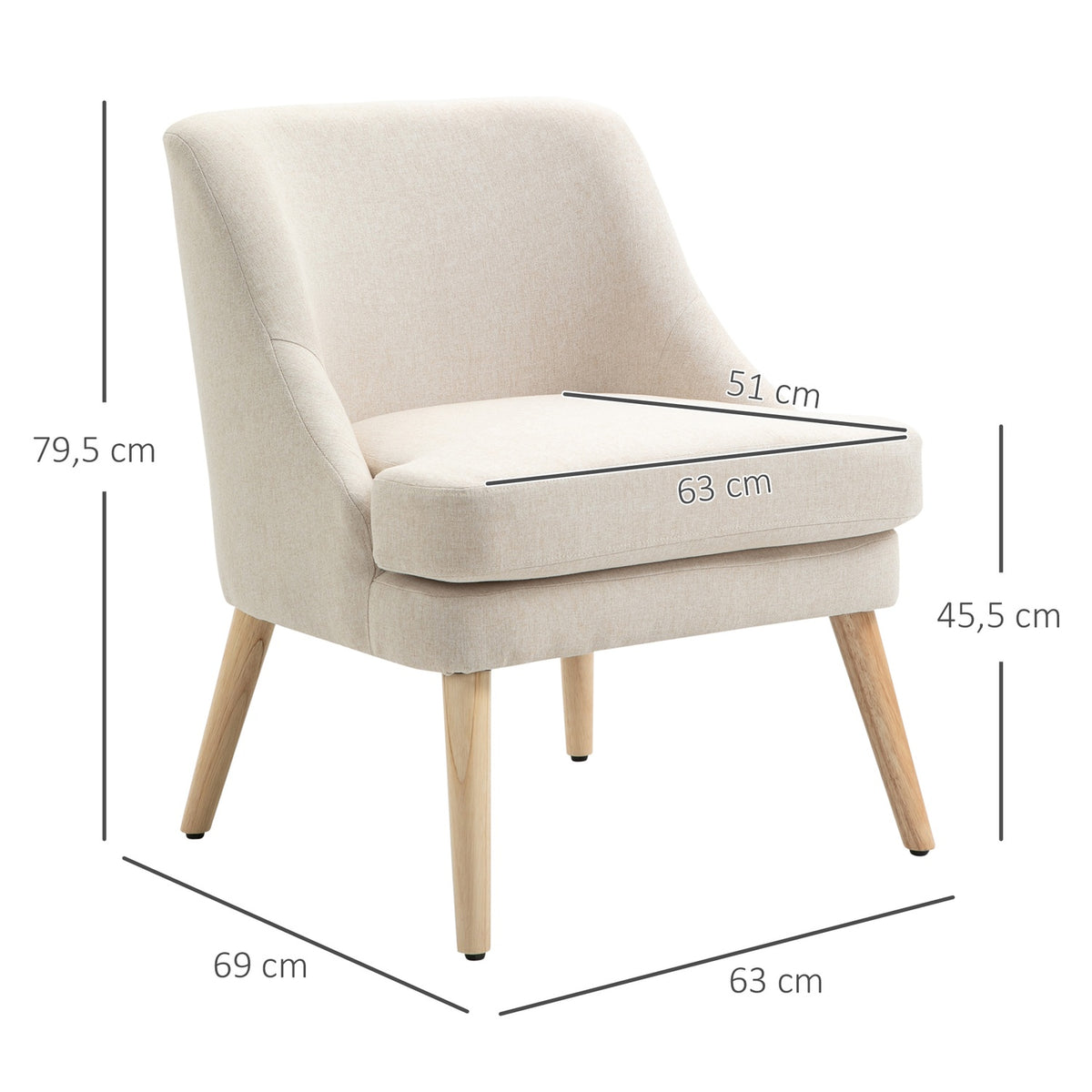 Dining room chair Modern kitchen chair with armrest, upholstered chair in linen touch, wood, white, 63x69x79.5 cm