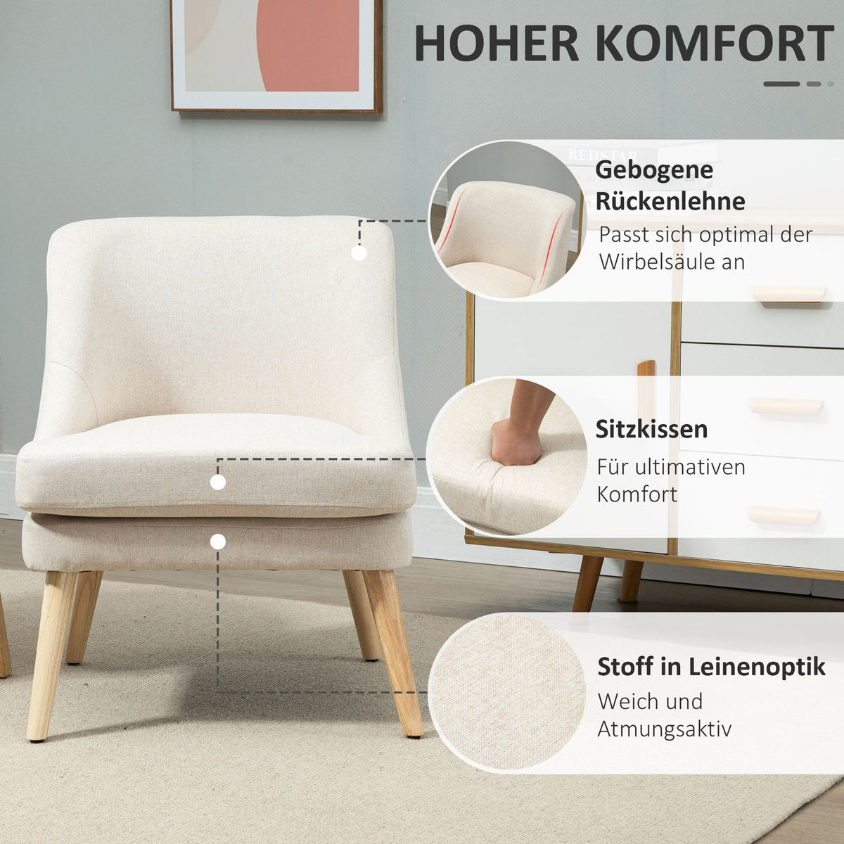 Dining room chair Modern kitchen chair with armrest, upholstered chair in linen touch, wood, white, 63x69x79.5 cm