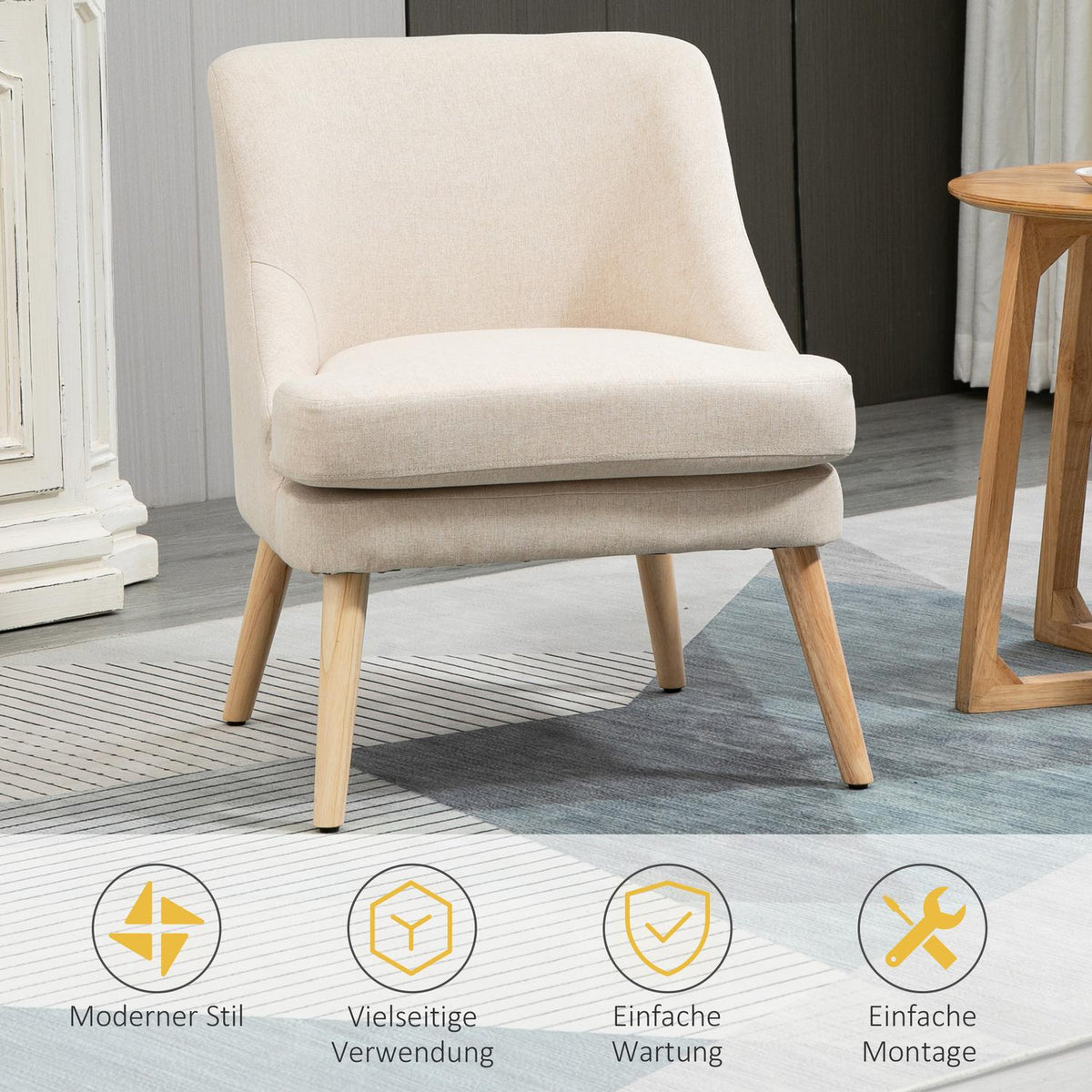 Dining room chair Modern kitchen chair with armrest, upholstered chair in linen touch, wood, white, 63x69x79.5 cm