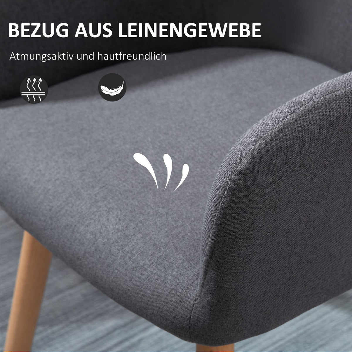 Dining room chair, living room chair, upholstered chair with anti-slip, linen fabric, beech wood, dark gray + natural, 56x60x85 cm