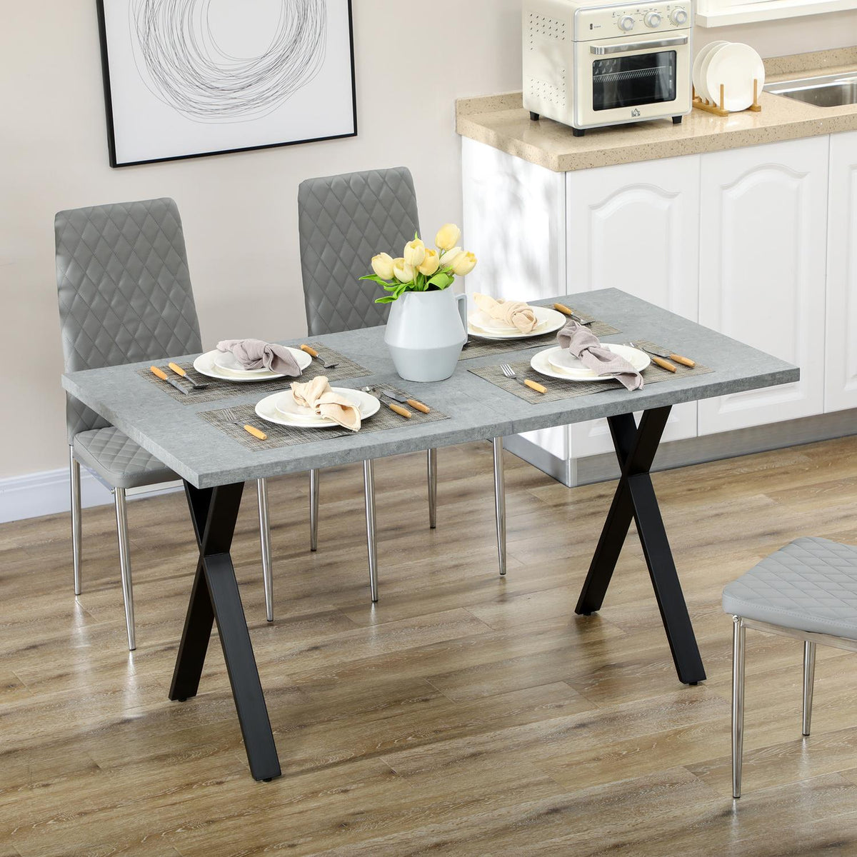 Dining room table for 6 people stone look steel legs gray 140x80x76cm