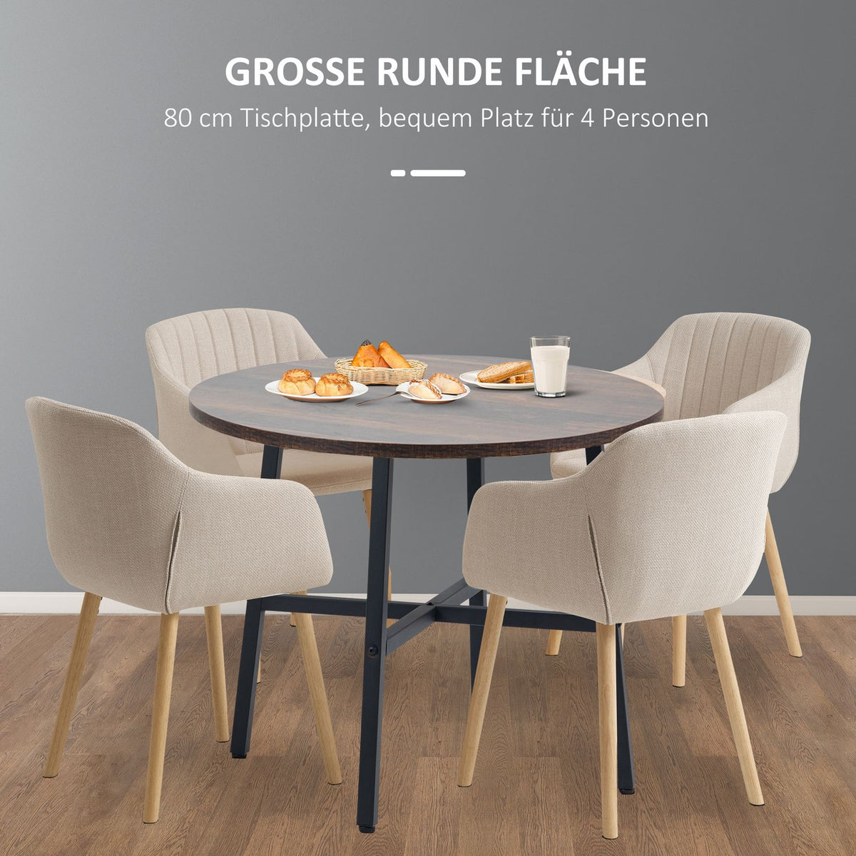 Dining room table, kitchen table for 4 people, living room table for dining room, kitchen, steel, brown, 80 x 80 x 76 cm