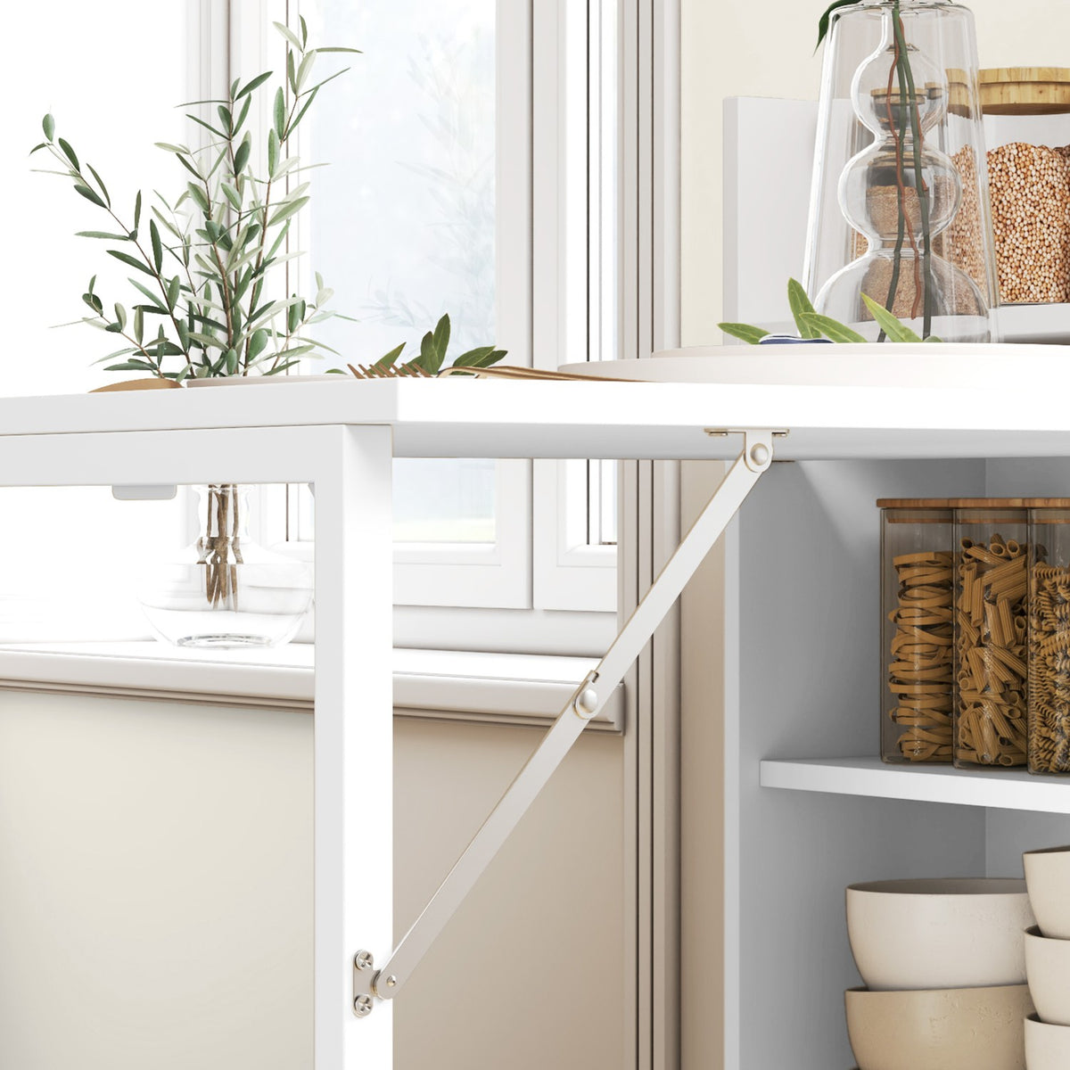 Dining table folding kitchen table with 4-tier shelves for 3 people, folding table with anti-tip protection for small rooms, kitchen, dining room, 80 x 90 x 93 cm, white