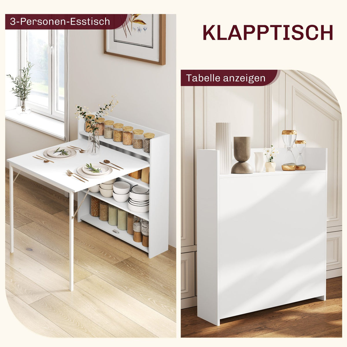 Dining table folding kitchen table with 4-tier shelves for 3 people, folding table with anti-tip protection for small rooms, kitchen, dining room, 80 x 90 x 93 cm, white