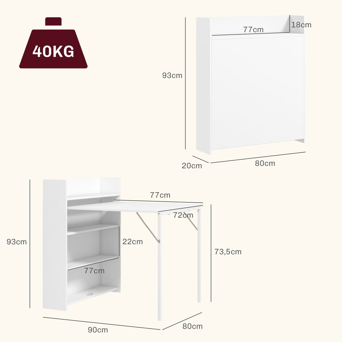 Dining table folding kitchen table with 4-tier shelves for 3 people, folding table with anti-tip protection for small rooms, kitchen, dining room, 80 x 90 x 93 cm, white