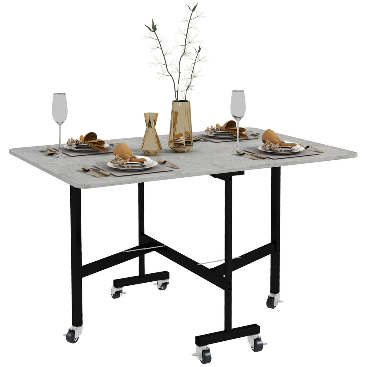 Dining table, folding kitchen table with wheels, steel legs, folding table for 4-6 people, dining room table, 52.5-120 x 80 x 73 cm