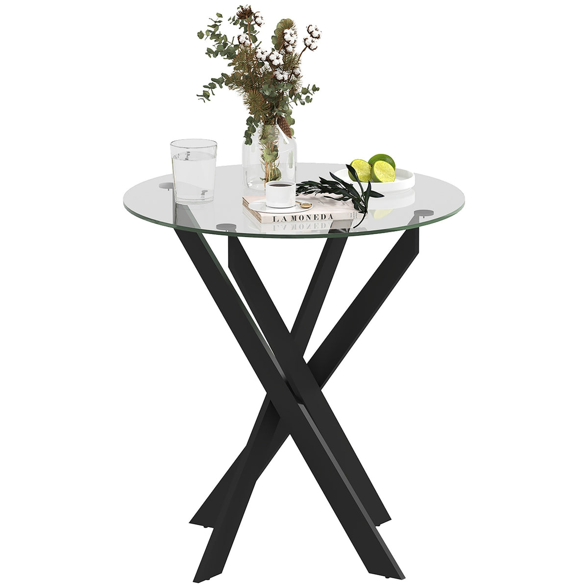 Dining table, round kitchen table for 4 people, dining room table with steel legs, table top made of tempered glass, for dining room, kitchen, Ø70 x 75 cm, modern design, black+transparent
