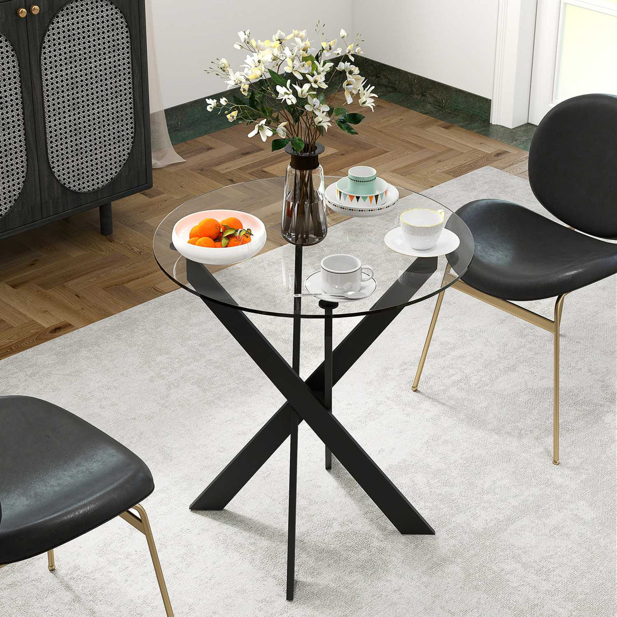 Dining table, round kitchen table for 4 people, dining room table with steel legs, table top made of tempered glass, for dining room, kitchen, Ø70 x 75 cm, modern design, black+transparent