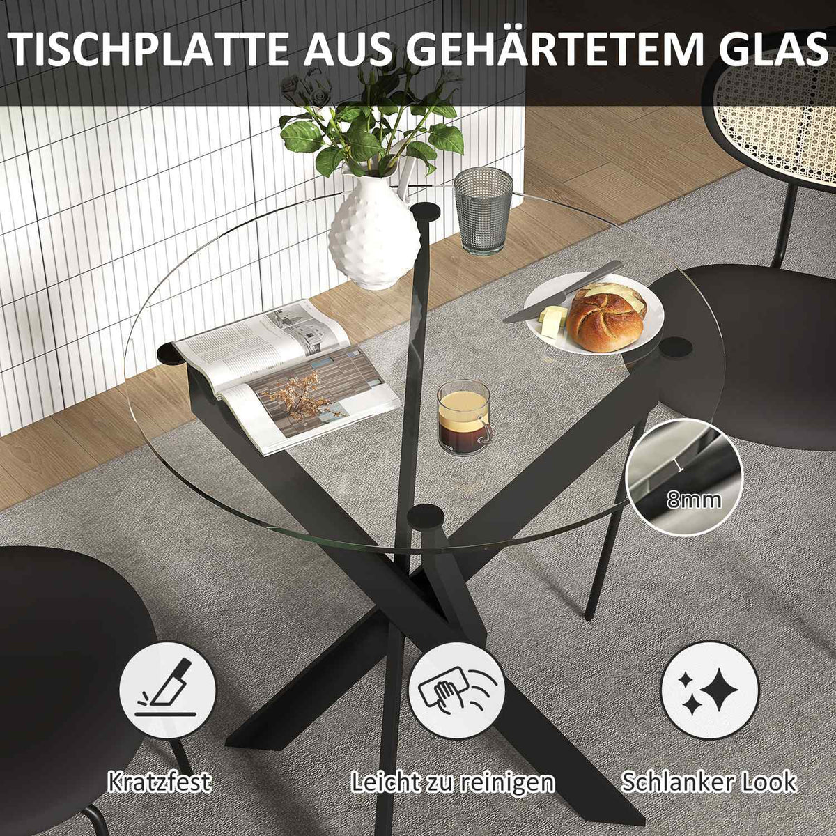 Dining table, round kitchen table for 4 people, dining room table with steel legs, table top made of tempered glass, for dining room, kitchen, Ø70 x 75 cm, modern design, black+transparent