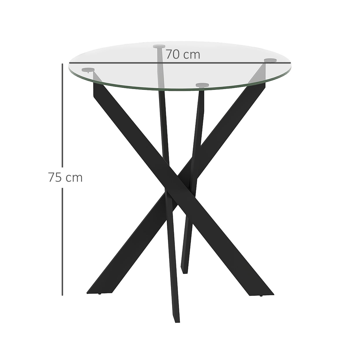 Dining table, round kitchen table for 4 people, dining room table with steel legs, table top made of tempered glass, for dining room, kitchen, Ø70 x 75 cm, modern design, black+transparent