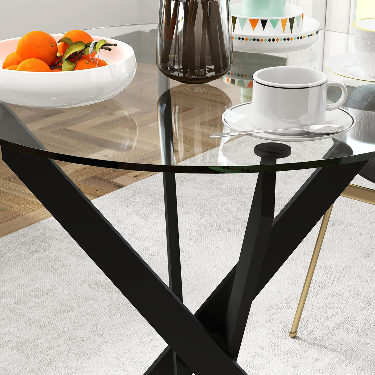 Dining table, round kitchen table for 4 people, dining room table with steel legs, table top made of tempered glass, for dining room, kitchen, Ø70 x 75 cm, modern design, black+transparent