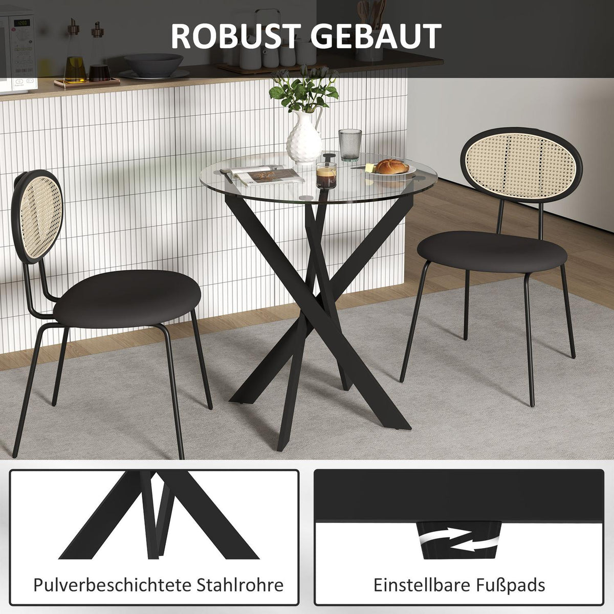 Dining table, round kitchen table for 4 people, dining room table with steel legs, table top made of tempered glass, for dining room, kitchen, Ø70 x 75 cm, modern design, black+transparent