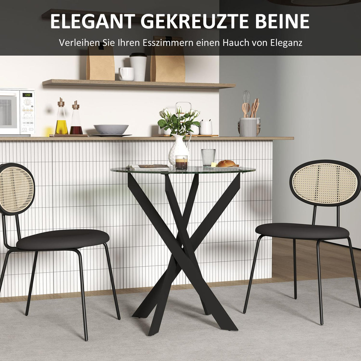 Dining table, round kitchen table for 4 people, dining room table with steel legs, table top made of tempered glass, for dining room, kitchen, Ø70 x 75 cm, modern design, black+transparent