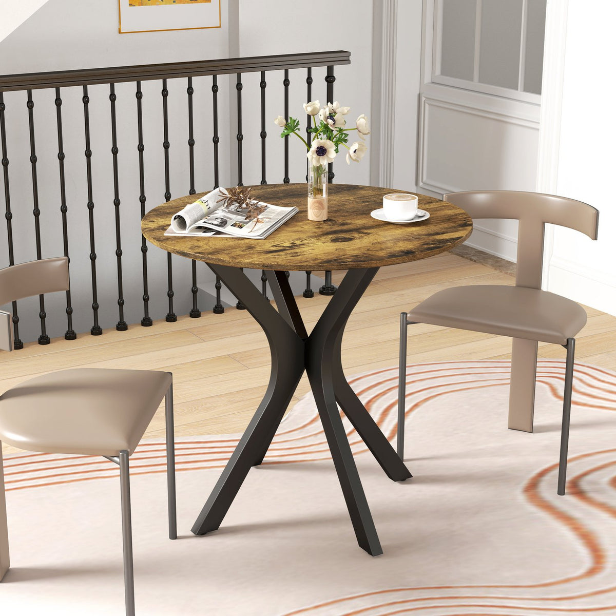 Dining table, round kitchen table, modern dining room table, coffee table with spider steel frame, bar table for 2 people, Ø78 x 75 cm, rustic brown