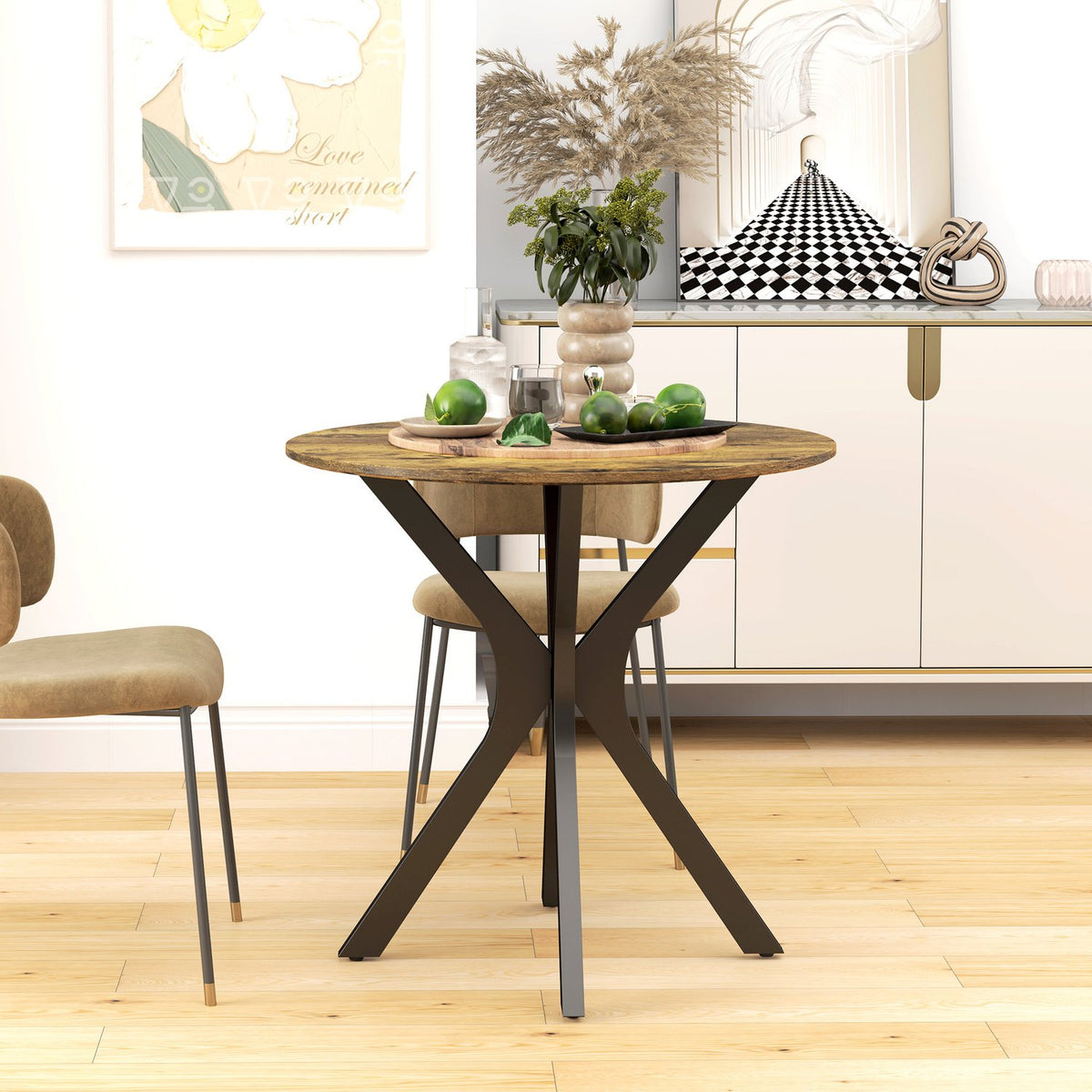 Dining table, round kitchen table, modern dining room table, coffee table with spider steel frame, bar table for 2 people, Ø78 x 75 cm, rustic brown
