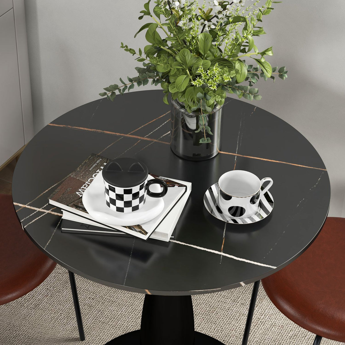 Dining table, round kitchen table, modern dining room table, coffee table with steel frame, bar table for 2 people, Ø70 x 74 cm, black
