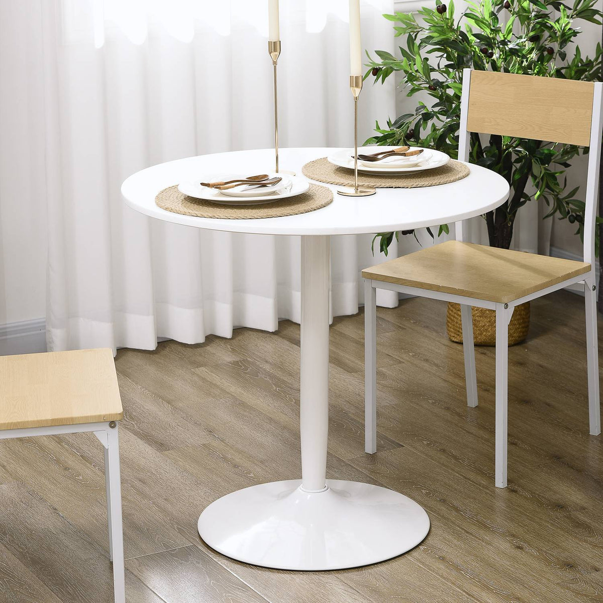 Dining table, round kitchen table, modern dining room table for 2 people, bar table pillar table with steel leg, non-slip footrest, coffee table for the living room, Ø80 x 75 cm, white |