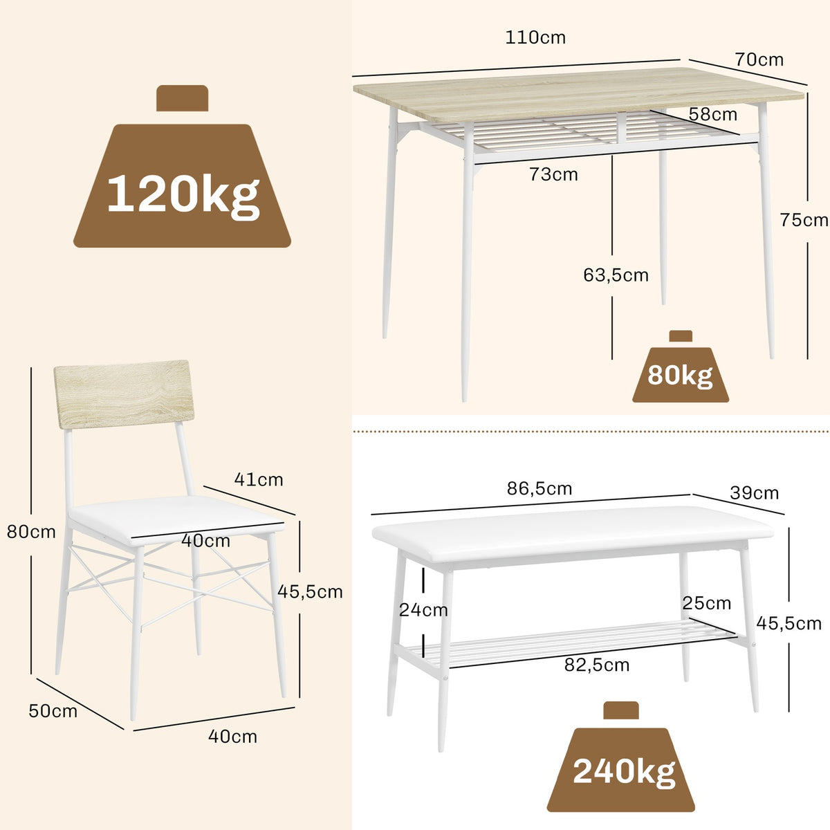 Dining table with 2 chairs, bench, dining group set of 4, kitchen table set with shelf for 4 people, dining room group for small rooms, kitchen, living room, oak