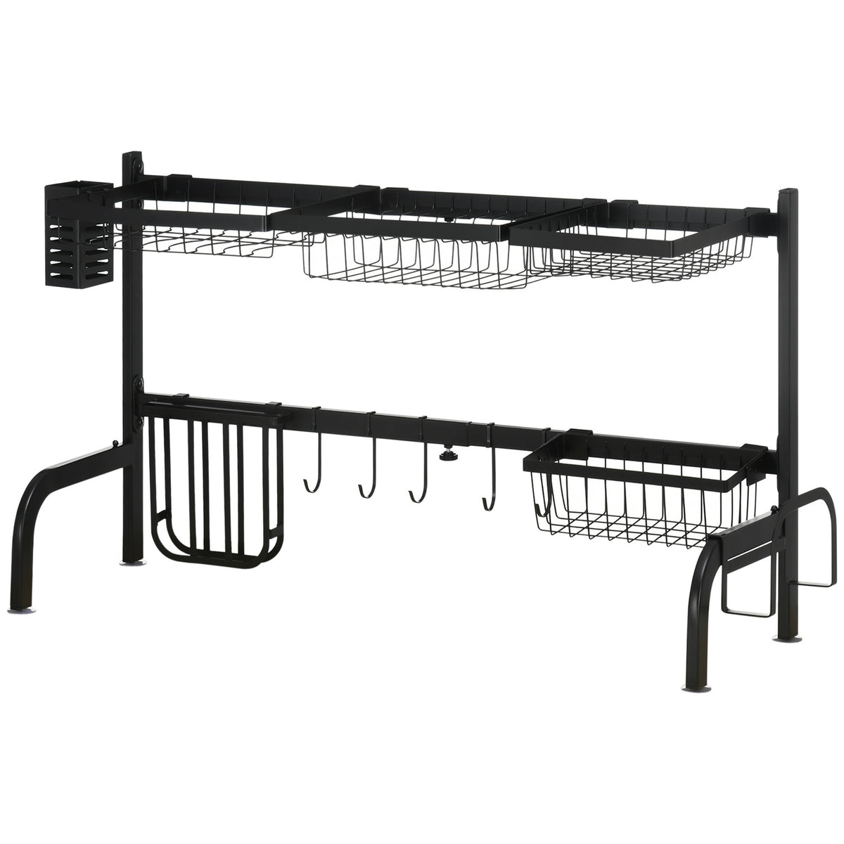 Dish Drainer 2 Tier Dish Drainer, Dish Drainer With Hooks, Drip Tray, Steel, Black, 51-93Cm