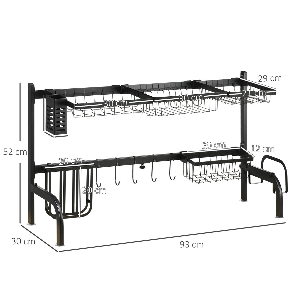 Dish Drainer 2 Tier Dish Drainer, Dish Drainer With Hooks, Drip Tray, Steel, Black, 51-93Cm