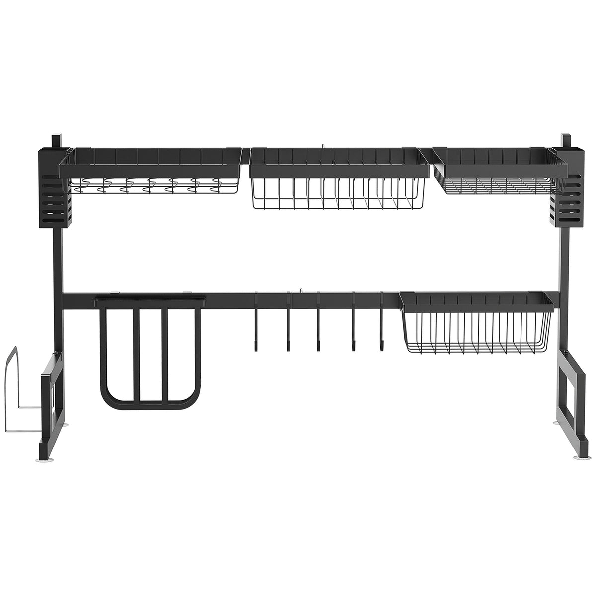 Dish Drainer Tableware, 2 Tier Dish Drainer with Hooks, Drip Tray, 52.5cm Dish Drainer Rack for Kitchen Sink, Steel, Black |