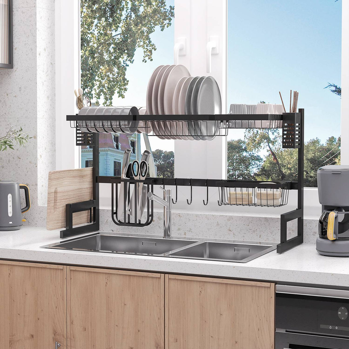 Dish Drainer Tableware, 2 Tier Dish Drainer with Hooks, Drip Tray, 52.5cm Dish Drainer Rack for Kitchen Sink, Steel, Black |