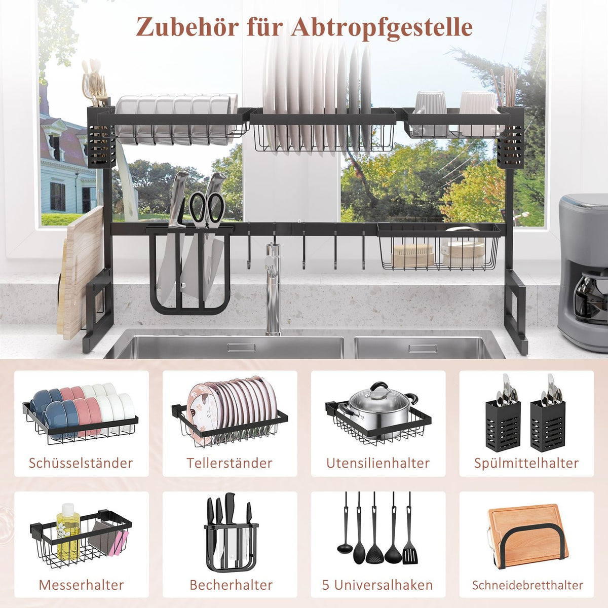 Dish Drainer Tableware, 2 Tier Dish Drainer with Hooks, Drip Tray, 52.5cm Dish Drainer Rack for Kitchen Sink, Steel, Black |